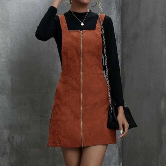 Luxe Rust Brown corduroy Zipper Mini Dress - Picture 8 of 8